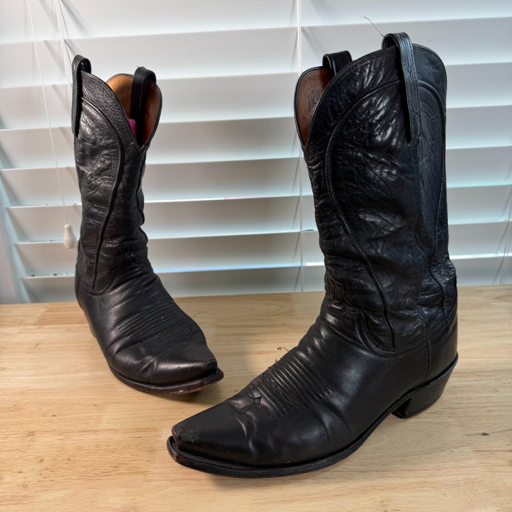 Lucchese 1883 Western Boots Men's Black Leather Block Heel Pointed Toe - 8.5